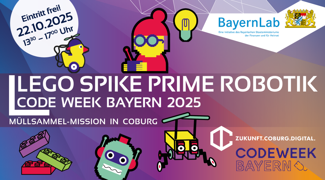 Veranstaltungsgraphik zur Code Week Bayern 2025 Veranstaltungsgraphik zur Code Week Bayern 2025 - BayernLab Forchheim on Tour. Bunter Hintergrund mit verschiedenen bunten Aufklebern im Codeweek Design, sehr einfach und bunt. Zu sehen ist ein Laptop mit Maus, eine Roboter Ente, ein Hüpfer-Roboter, Lego Steine, ein 3D-Drucker, eine VR-Brille und ein Roboterkopf. In einem Kreis steht der Text